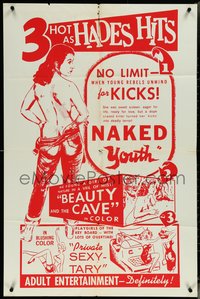 6p1139 NAKED YOUTH/BEAUTY & THE CAVE/PRIVATE SEXY-TARY 1sh 1963 sexploitation triple bill!