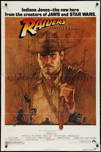 6p1177 RAIDERS OF THE LOST ARK 1sh 1981 Steven Spielberg, great Richard Amsel art of Harrison Ford!