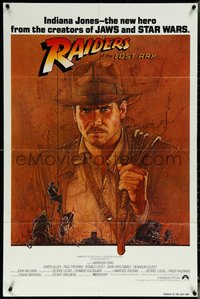 6p1180 RAIDERS OF THE LOST ARK int'l 1sh 1981 great art of adventurer Harrison Ford by Richard Amsel!