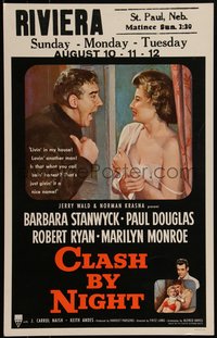 6p0082 CLASH BY NIGHT WC 1952 Fritz Lang, Barbara Stanwyck, Douglas, Ryan, Marilyn Monroe shown!