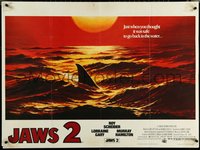 6r0044 JAWS 2 British quad 1978 man-eating shark's fin in red water at sunset by Leynnwood, rare!