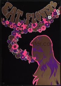 6r0347 EAT FLOWERS 21x29 Dutch commercial poster 1960s psychedelic Slabbers art of woman & flowers!