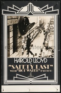 6r0398 SAFETY LAST/HOT WATER 11x17 special poster 1976 Harold Lloyd hanging from clock, ultra rare!