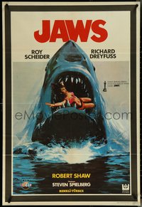 6r0118 JAWS Turkish 1981 best different art of classic man-eating shark with sexy girl in mouth!