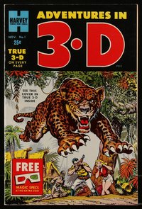 6s0389 ADVENTURES IN 3-D #1 comic book November 1953 big cat cover art by Howard Nostrand, Harvey!