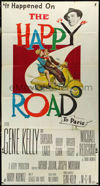 6t0335 HAPPY ROAD 3sh 1957 romantic art of Gene Kelly & Barbara Laage riding & kissing on Vespa!