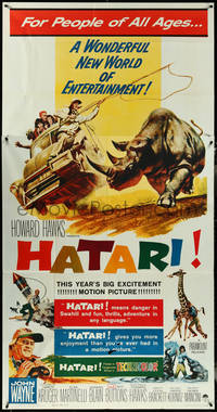 6t0336 HATARI 3sh 1962 Howard Hawks, great Frank McCarthy artwork of John Wayne in Africa!