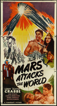 6t0342 MARS ATTACKS THE WORLD 3sh R1950 feature version of Flash Gordon Conquers the Universe, rare!