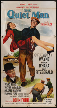 6t0344 QUIET MAN 3sh R1957 great image of John Wayne carrying Maureen O'Hara, John Ford classic!