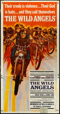 6t0353 WILD ANGELS 3sh 1966 classic art of biker Peter Fonda & sexy Nancy Sinatra on motorcycle!