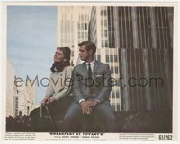 6t1536 BREAKFAST AT TIFFANY'S color 8x10 still 1961 c/u of George Peppard & Audrey Hepburn smoking!