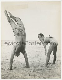 6t1544 DR. NO 7.5x9.5 still 1963 Ursula Andress in bikini by Connery doing handstand on beach!