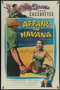 6t0983 AFFAIR IN HAVANA 1sh 1957 Cassavetes in Cuba, art of man approaching scared woman on beach!