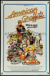 6t0996 AMERICAN GRAFFITI 1sh 1973 George Lucas teen classic, Mort Drucker montage art of cast!