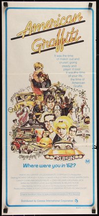 6t0467 AMERICAN GRAFFITI Aust daybill 1974 George Lucas, wacky Mort Drucker far away art of cast!