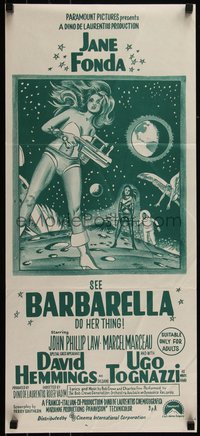 6t0471 BARBARELLA Aust daybill R1970s sci-fi art of sexiest Jane Fonda, Roger Vadim, ultra rare!