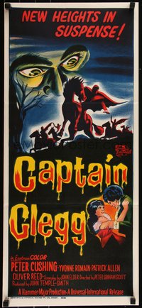 6t0475 CAPTAIN CLEGG Aust daybill 1962 Hammer, great horror art of skeletons riding skeleton horses!