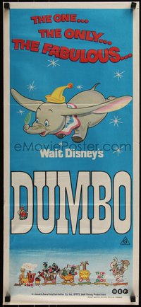 6t0489 DUMBO Aust daybill R1972 colorful art from Walt Disney circus elephant classic!