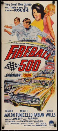 6t0490 FIREBALL 500 Aust daybill 1966 driver Frankie Avalon & Annette Funicello, cool car art!