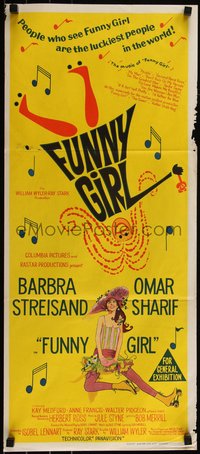 6t0492 FUNNY GIRL Aust daybill 1969 hand litho of Barbra Streisand, directed by William Wyler!