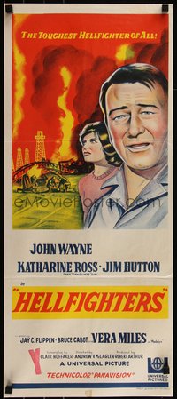 6t0501 HELLFIGHTERS Aust daybill 1969 art of John Wayne as fireman Red Adair & Katharine Ross!