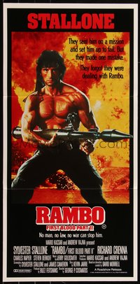 6t0521 RAMBO FIRST BLOOD PART II Aust daybill 1985 no man, no law, no war can stop Stallone!