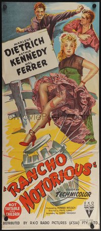 6t0522 RANCHO NOTORIOUS Aust daybill 1952 Fritz Lang, hand litho of Marlene Dietrich showing leg!