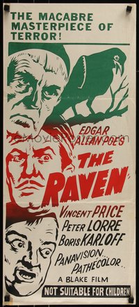 6t0523 RAVEN Aust daybill 1963 art of Boris Karloff, Vincent Price & Peter Lorre, ultra rare!