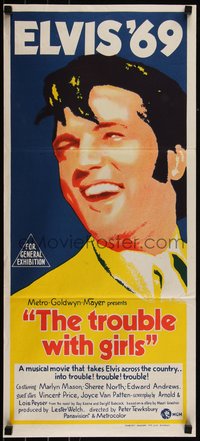 6t0534 TROUBLE WITH GIRLS Aust daybill 1969 great gigantic close up art of smiling Elvis Presley!