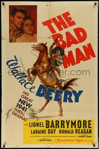 6t1011 BAD MAN style D 1sh 1941 art of Wallace Beery on horse + Ronald Reagan & Laraine Day, rare!