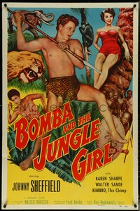 6t1038 BOMBA & THE JUNGLE GIRL 1sh 1953 c/u of Johnny Sheffield with spear & sexy Karen Sharpe!