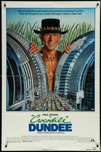 6t1082 CROCODILE DUNDEE 1sh 1986 Daniel Goozee art of Paul Hogan looming over New York City!