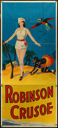 6t0320 ROBINSON CRUSOE stage play English 3sh 1930s full-length with Friday & bird by cabin!