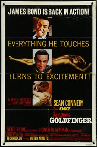 6t1151 GOLDFINGER 1sh R1980 three images of Sean Connery as James Bond 007, he's back in action!