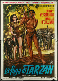 6t0294 TARZAN ESCAPES Italian 2p R1960s Weissmuller, Maureen O'Sullivan, Cheeta, cool different art!