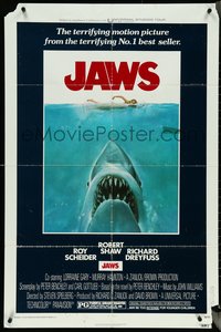 6t1191 JAWS 1sh 1975 art of Spielberg's classic man-eating shark attacking naked swimmer!