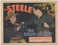 6t0571 BRAND OF HATE TC 1934 great cloe up of cowboy Bob Steele threatening bad guy, ultra rare!