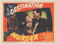 6t0692 DESTINATION MURDER LC #2 1950 c/u of sexy Myrna Dell embracing Hurd Hatfield in the shadows!