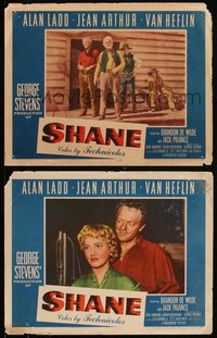 6t0969 SHANE 2 LCs 1953 George Stevens classic cowboy western, Jean Arthur, Van Heflin, cool scenes!