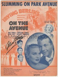 6t0045 ALICE FAYE signed sheet music 1937 Slumming on Park Avenue song from On the Avenue!