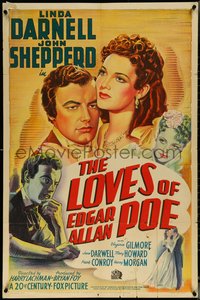 6t1220 LOVES OF EDGAR ALLAN POE 1sh 1942 Linda Darnell, Shepperd Strudwick as Poe, really cool art!