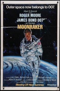 6t1247 MOONRAKER advance style A 1sh 1979 art of Roger Moore as Bond in space by Daniel Goozee!