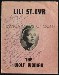 6t0047 LILI ST. CYR signed program 1950s The Wolf Woman, with long inscription to a personal friend!