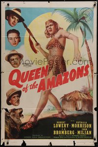 6t1302 QUEEN OF THE AMAZONS 1sh 1947 Lowery, Patricia Morrison, art of sexy jungle warrior, rare!