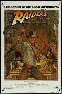 6t1307 RAIDERS OF THE LOST ARK 1sh R1982 great Richard Amsel art of adventurer Harrison Ford!