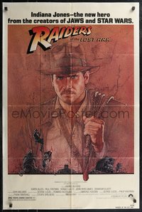 6t1305 RAIDERS OF THE LOST ARK 1sh 1981 Steven Spielberg, great Richard Amsel art of Harrison Ford!