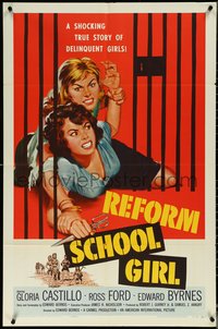 6t1312 REFORM SCHOOL GIRL 1sh 1957 classic AIP bad girl catfight behind prison cell bars art!