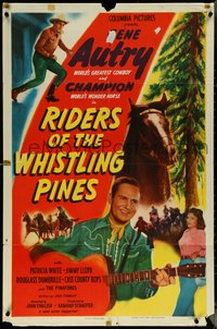 6t1318 RIDERS OF THE WHISTLING PINES 1sh 1949 singing cowboy Gene Autry w/ guitar & Champion!