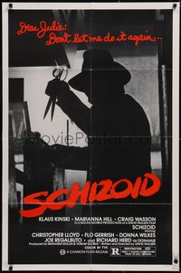 6t1336 SCHIZOID 1sh 1980 cool silhouette of crazed madman Klaus Kinski attacking with scissors!