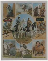 6t0154 CLAYTON MOORE signed color 8x10 REPRO photo 1980s great montage as The Lone Ranger with Tonto!